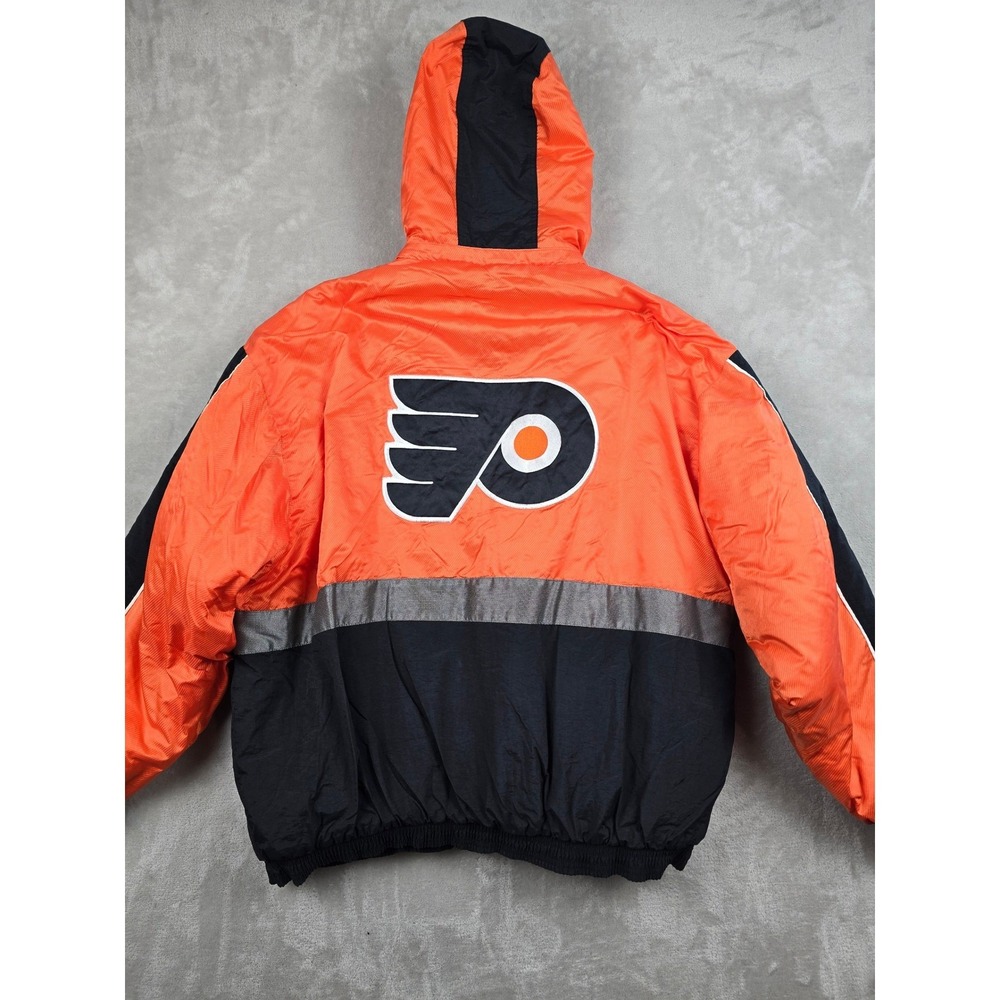 Vtg Starter Philadelphia Flyers Jacket Mens L Orange NHL Puffer Coat Hood *Read